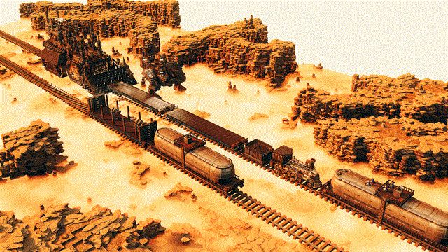 A steam train races across golden railway badlands past rocky mesas