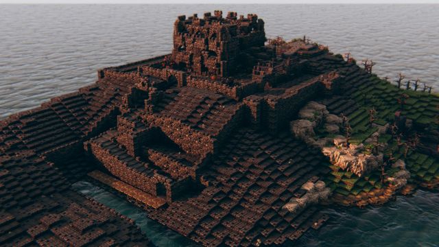 A terraced stone keep towering over the lake shore