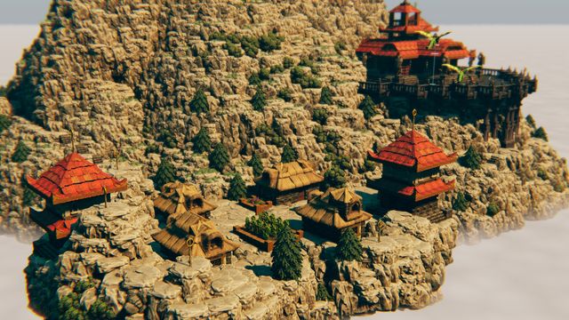 Red-roofed temple buildings and village huts on a mountain ledge