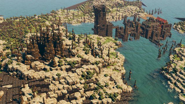 The flooded quarry winding between pale cliffs toward the ruined keep