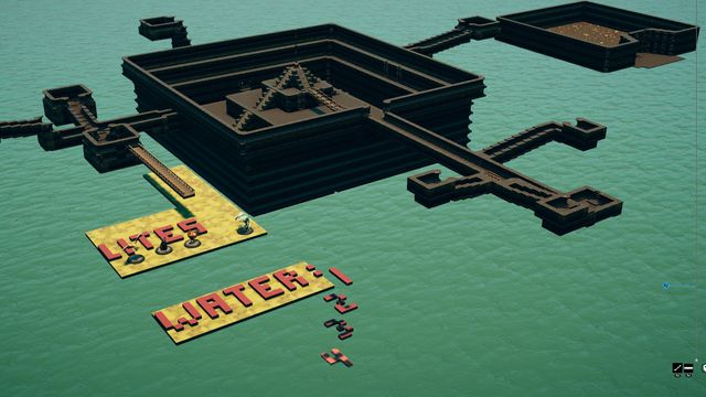 Cutaway of the sewer's central chamber, ziggurat and surrounding passages at low water
