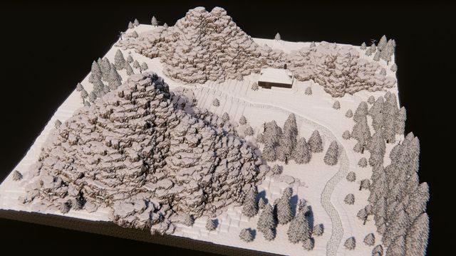 Overview of the snowy mountain pass with forests, cliffs and the cabin
