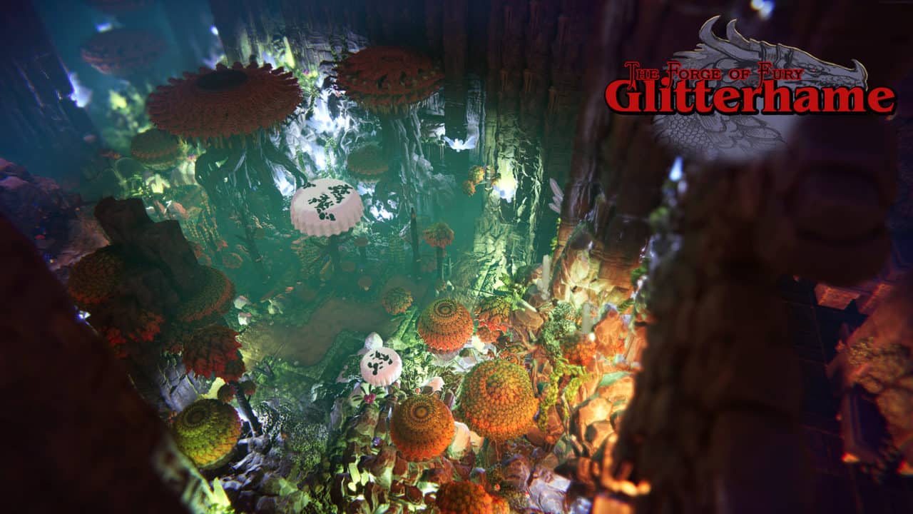 Luminous mushrooms filling the rocky Glitterhame cavern
