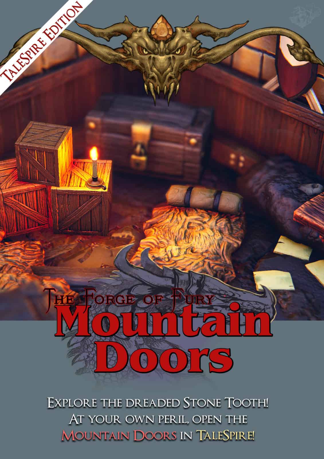 Mountain Door back cover showing a candlelit storeroom and the Stone Tooth invitation