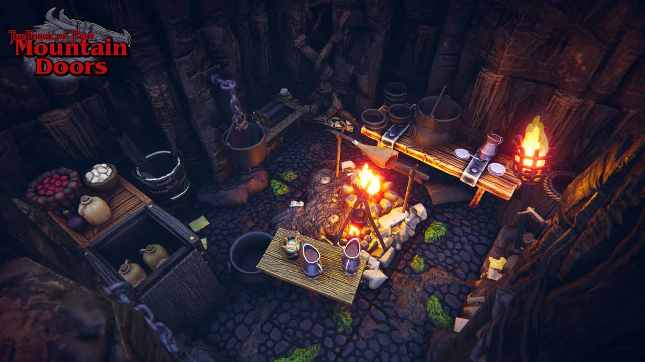 Underground camp kitchen with a fire pit, cooking pots, barrels and wooden tables