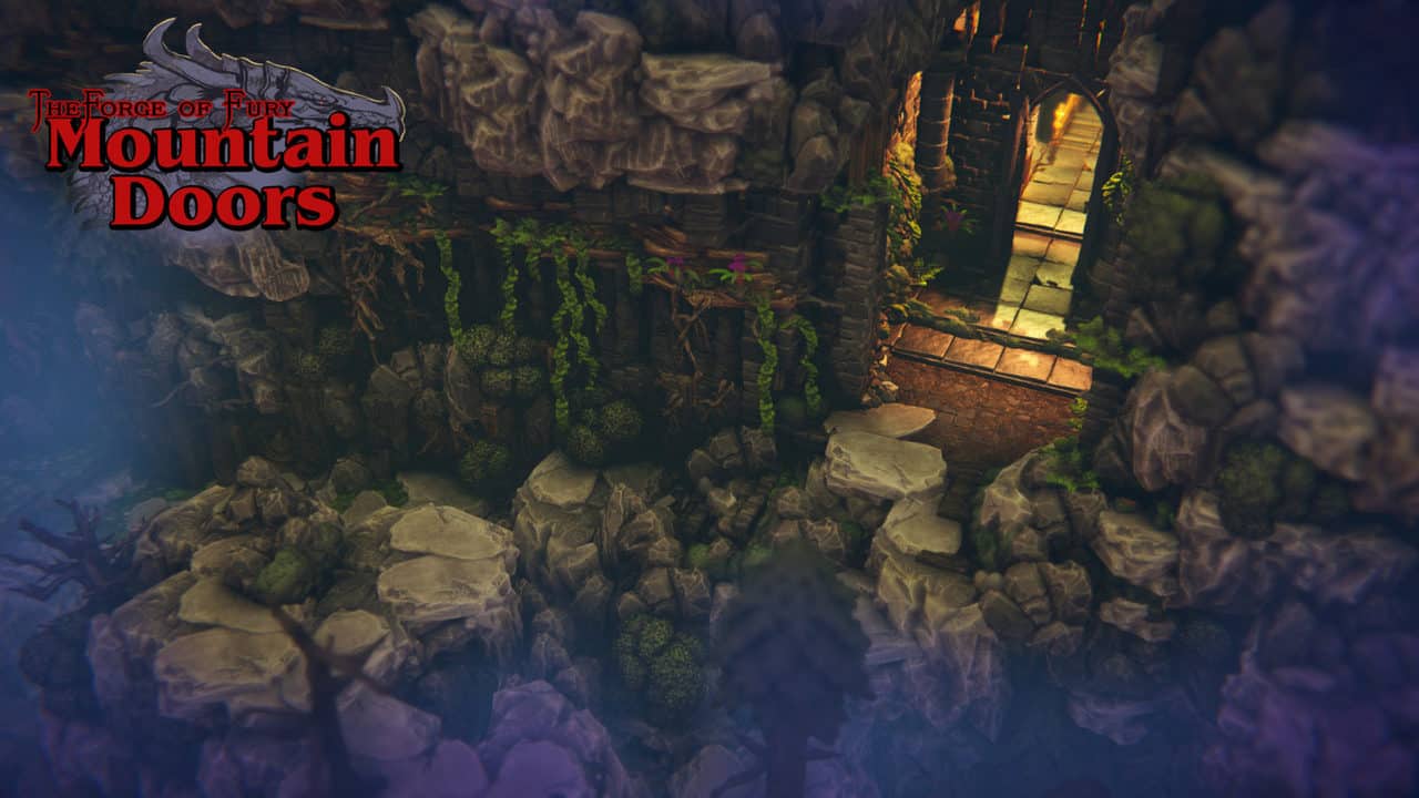 Narrow rocky ledge leading to the illuminated entrance in the cliff face