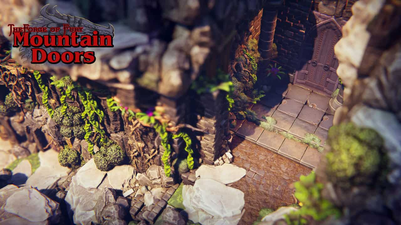 Elevated view of the entrance ledge and doorway surrounded by rocks and vines