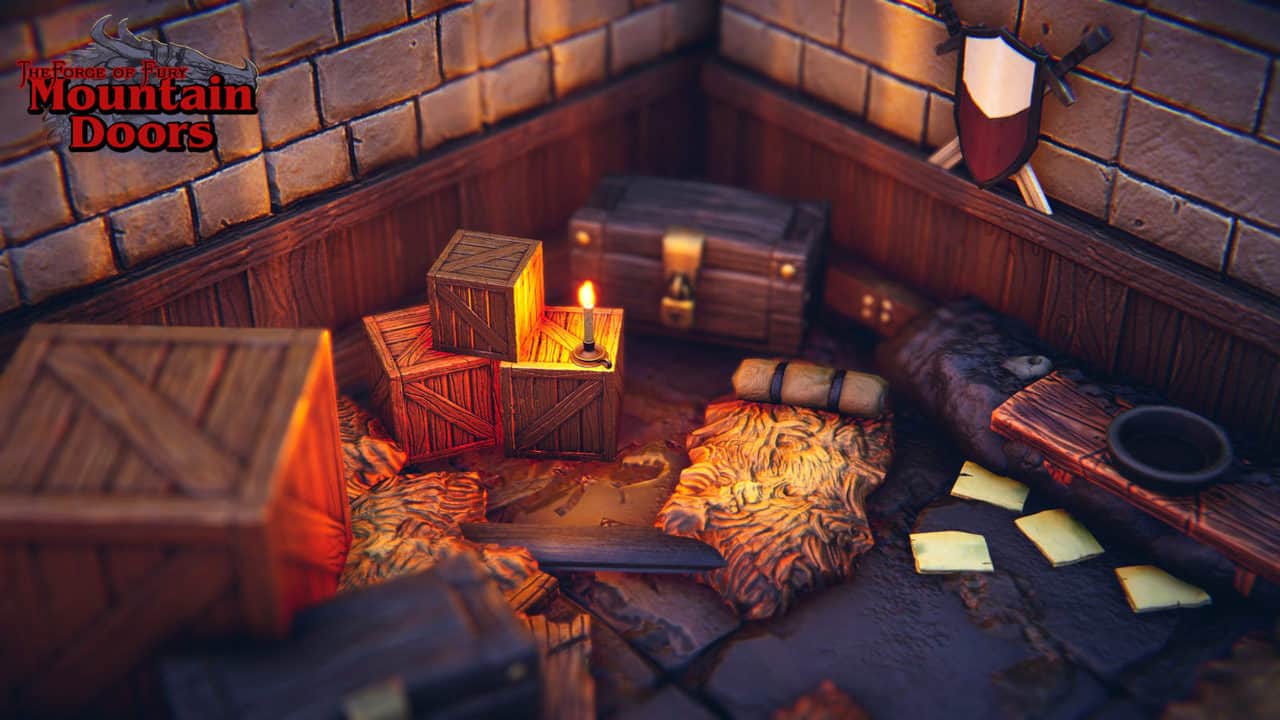 Candlelit storeroom with crates, a chest, bedrolls and scattered papers
