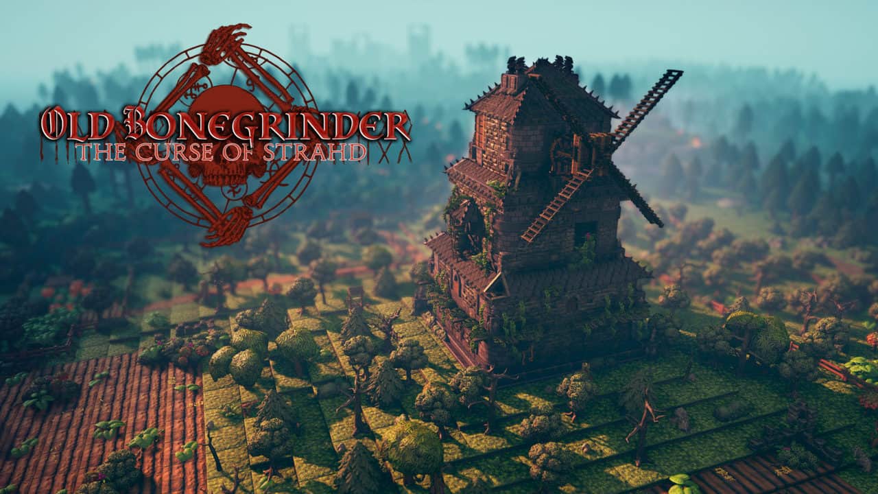 Old Bonegrinder windmill rising above overgrown stone paths and fenced fields