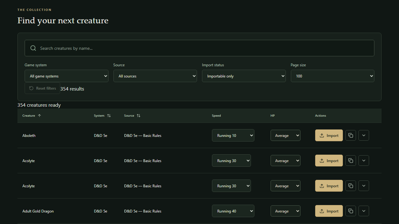 Token Blueprint Catalog showing creature search, filters and import options